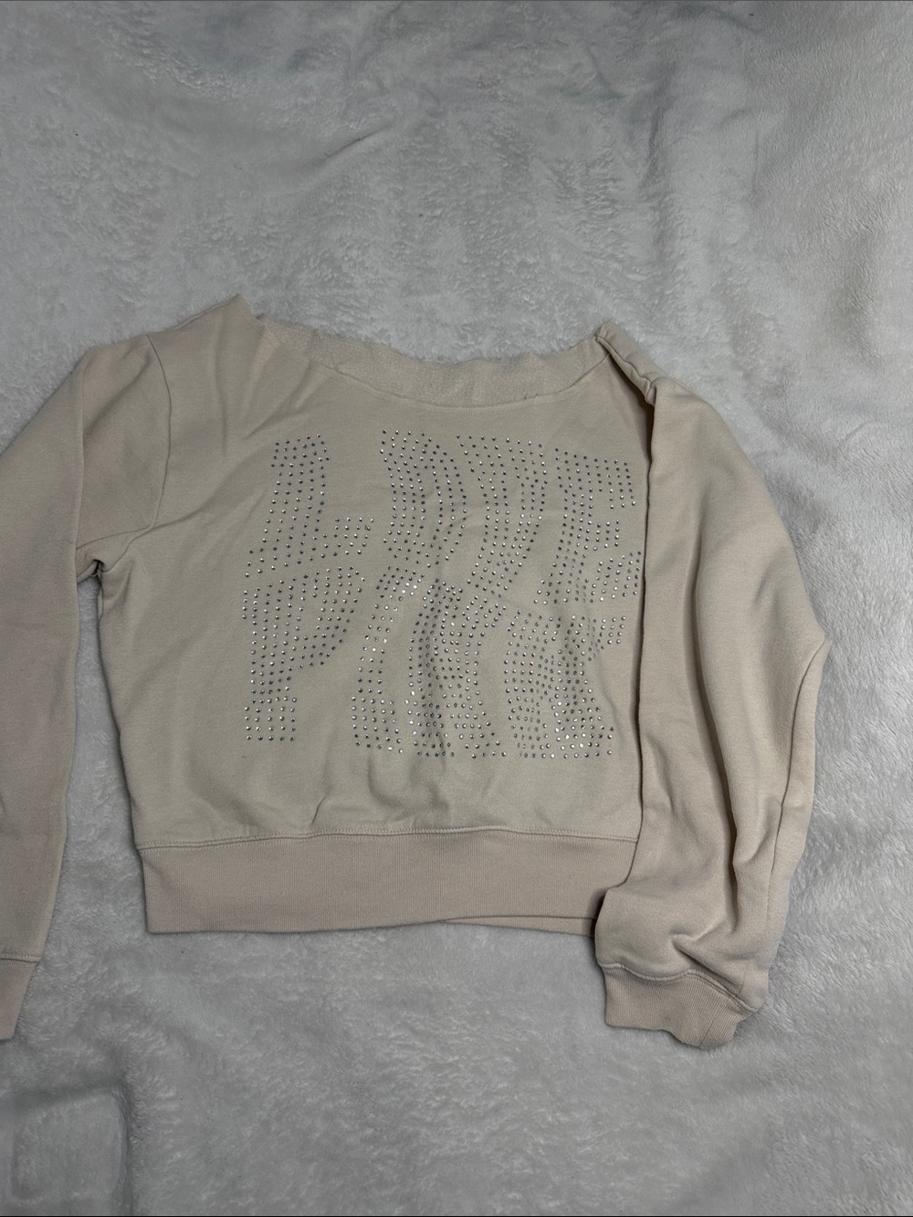 PINK Victoria's Secret Cream Off-the-Shoulder Rhinestone Sweatshirt